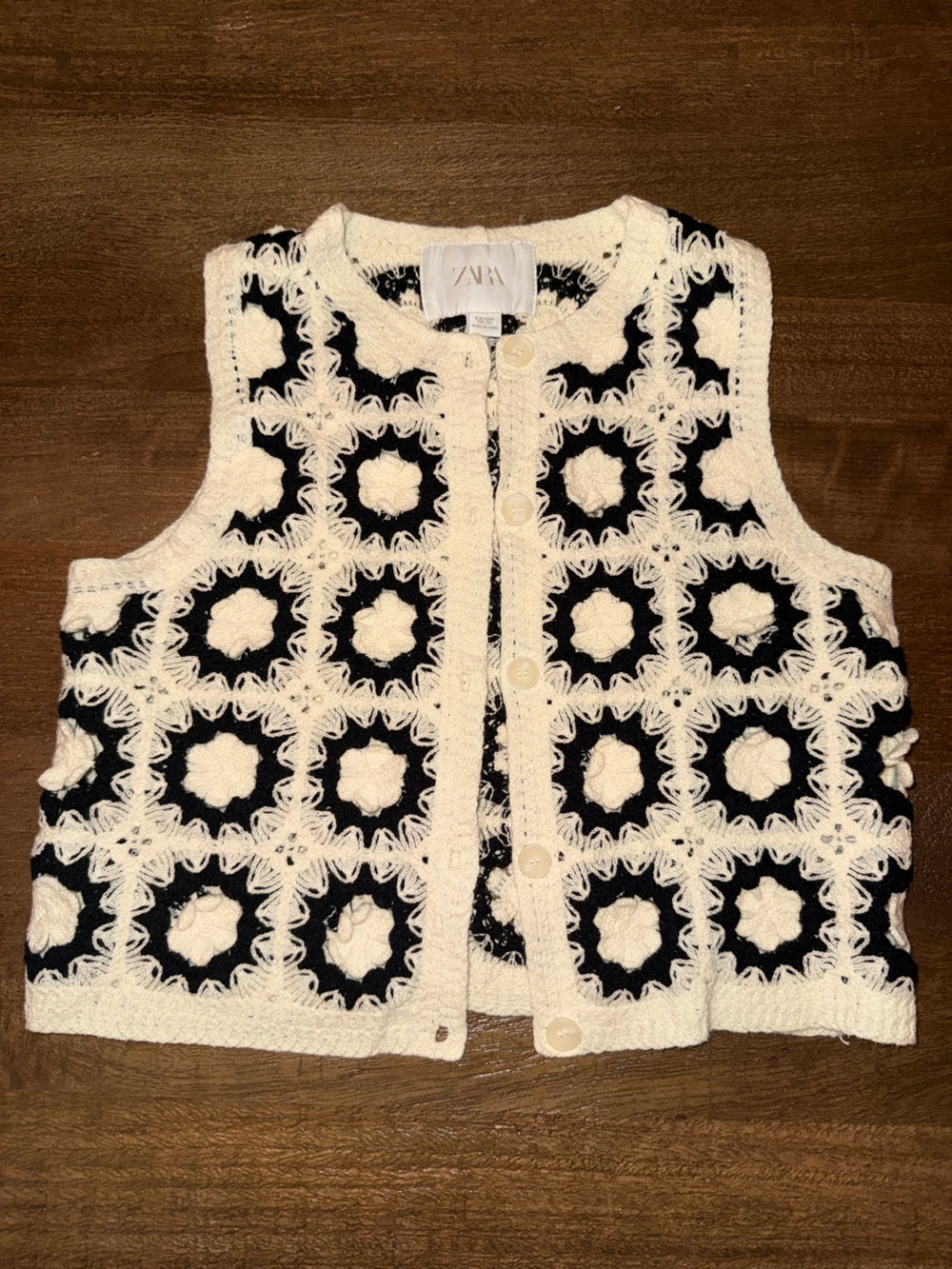 Zara Black and Cream Crochet Button-Front Vest